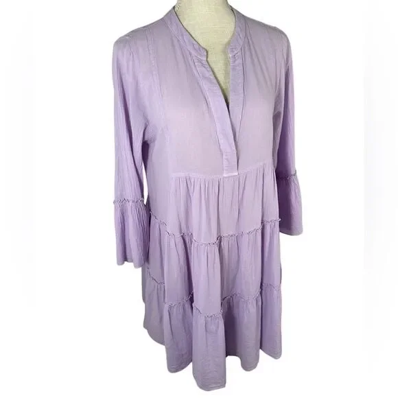 Devotion TWINS Lavender Purple Ella Tiered 3/4 Sleeve Boho Mini Dress - Picture 3 of 8